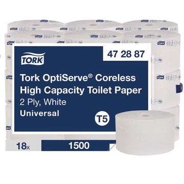 OptiServe High-Capacity Coreless Toilet Paper, 2-Ply, White, 1,500 Sheets/Roll, 18 Rolls/Carton