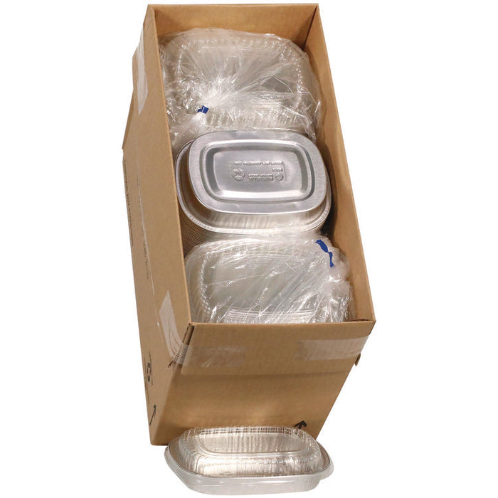 Classic Carry-Out Container with PET Dome Lid, 22 oz, 8.2 x 6.2 x 1.3, Silver/Clear, Aluminum, 100/Carton