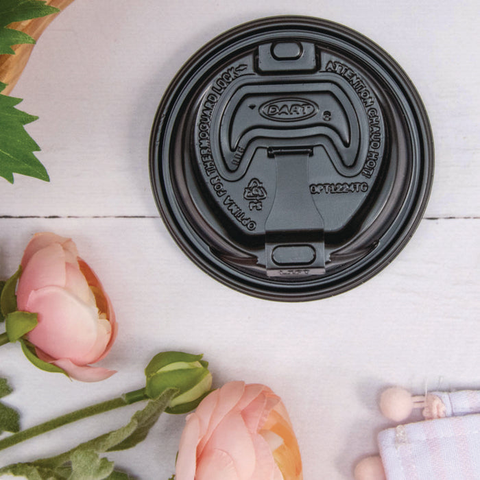 Optima Reclosable Lids for Hot Paper Cups, Fits 12 oz to 24 oz Hot Cups, Plastic, Black, 1,200/Carton