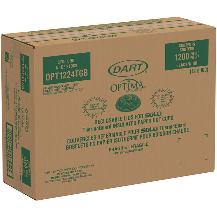 Optima Reclosable Lids for Hot Paper Cups, Fits 12 oz to 24 oz Hot Cups, Plastic, Black, 1,200/Carton