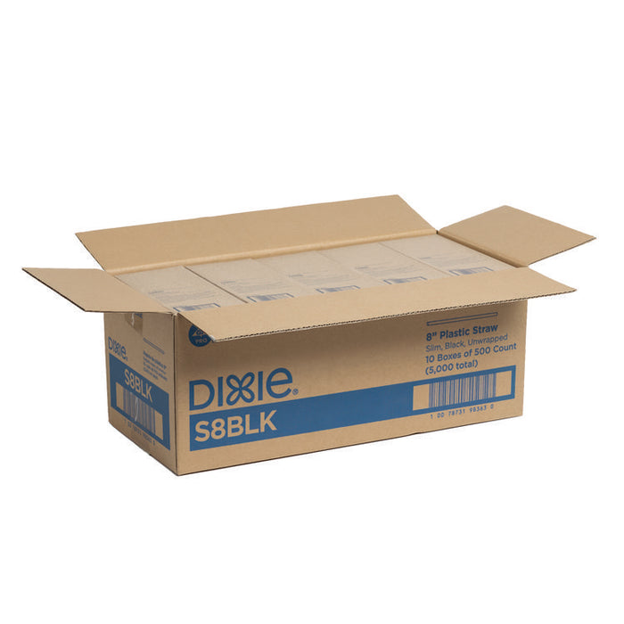 Slim Unwrapped Plastic Straws, 8", Plastic, Black, 500/Box, 10 Boxes/Carton