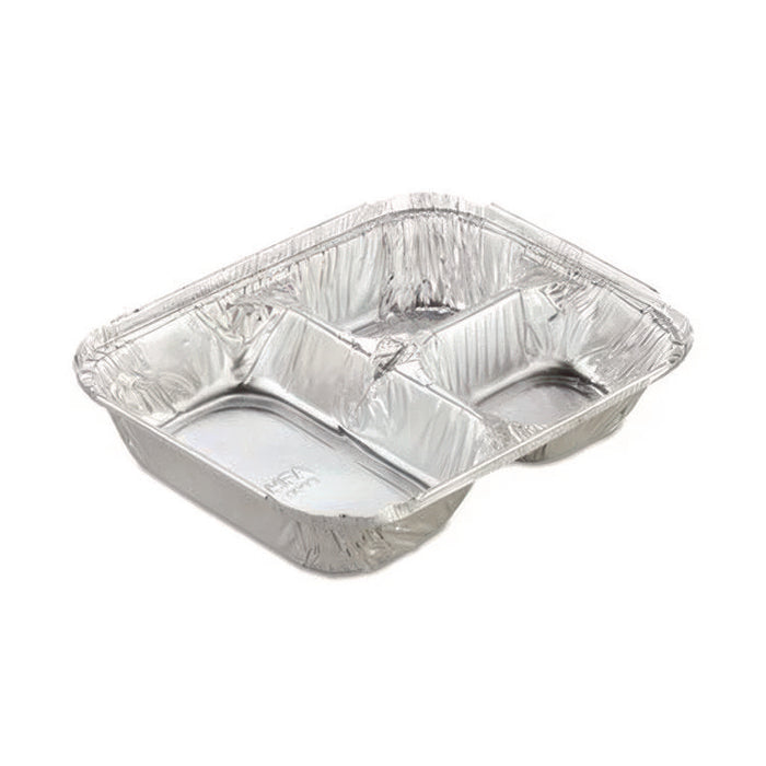 Aluminum Oblong Container with Lid, 3 Compartments, 24 oz, 8.5 x 6.38 x 1.47, Silver, 500/Carton