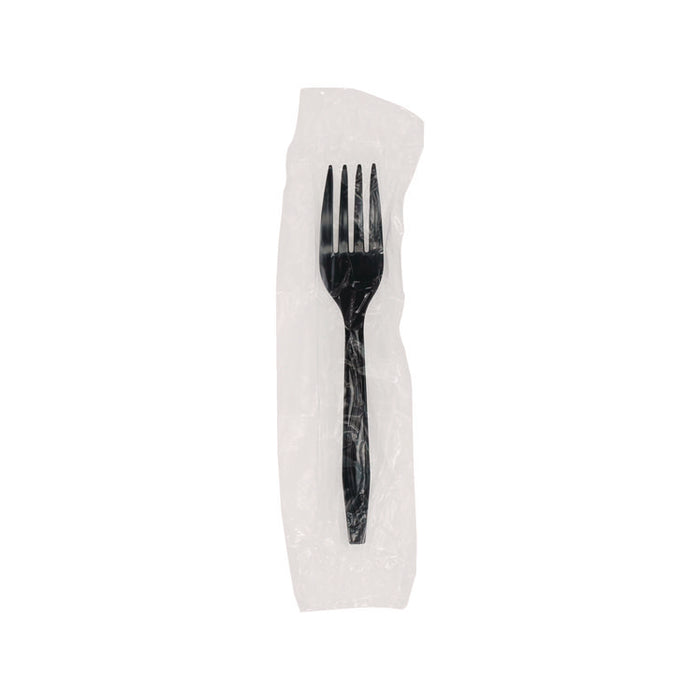 Meadoware Cutlery, Individually Wrapped, Medium Heavyweight Fork, Plastic, Black, 1,000/Carton
