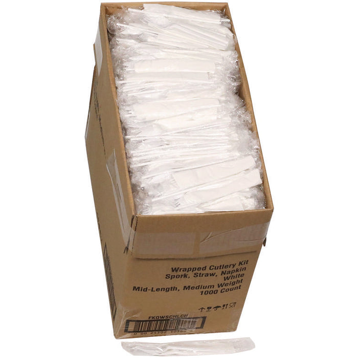 Fieldware Cutlery Kit, Mediumweight, Napkin/Spork/Straw, Plastic, White, 1,000/Carton