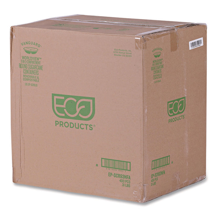 Vanguard Renewable and Compostable Sugarcane Containers, 3-Compartment Bowl, 28 oz, White, 400/Carton