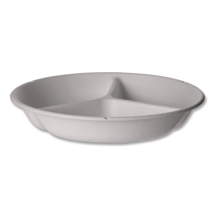 Vanguard Renewable and Compostable Sugarcane Containers, 3-Compartment Bowl, 28 oz, White, 400/Carton