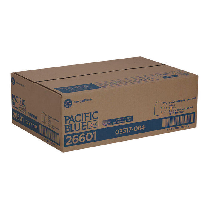 Pacific Blue Basic Recycled Paper Towel Roll, 1-Ply, 7.88" x 800 ft, White, 6 Rolls/Carton