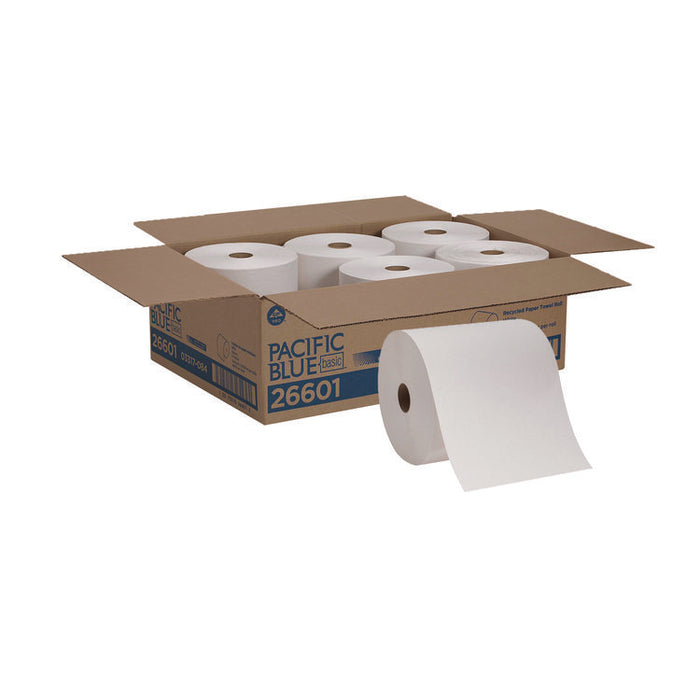 Pacific Blue Basic Recycled Paper Towel Roll, 1-Ply, 7.88" x 800 ft, White, 6 Rolls/Carton