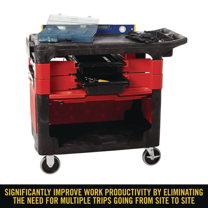 Trades Cart with Locking Storage Area, Plastic, 2 Shelves, 2 Drawers, 330 lb Capacity, 19.25" x 38" x 33.38", Black