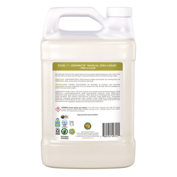 Dishmate Manual Dish Liquid, Free and Clear, 1 gal Jug, 4/Carton