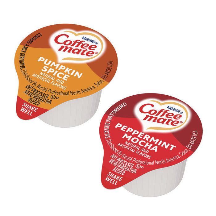 Liquid Coffee Creamer, Peppermint Mocha/Pumpkin Spice, 0.38 oz Mini Cups, 50/Pack, 4 Packs/Carton