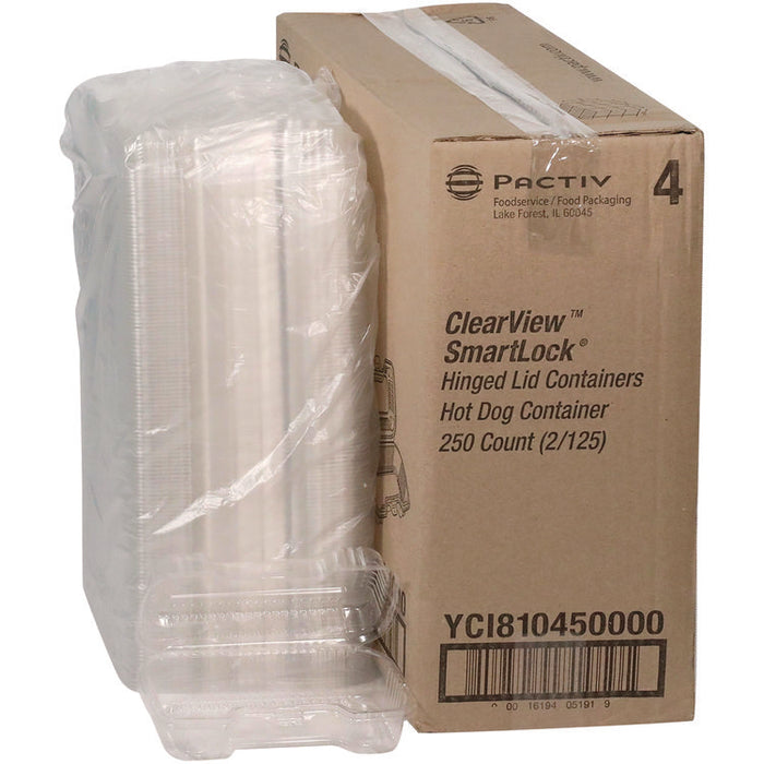 Hinged Lid Hot Dog Container, 6.5 x 2.8 x 2.3, Clear, Plastic, 250/Carton