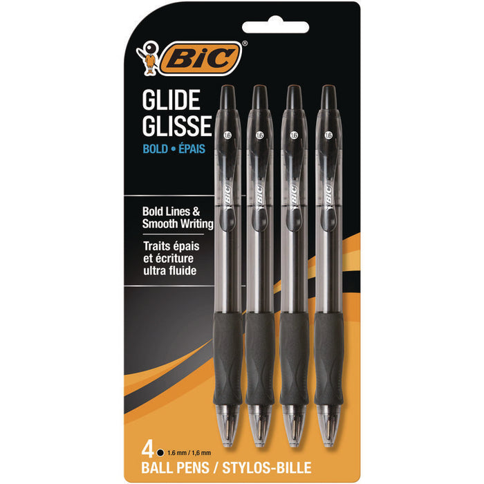 GLIDE Bold Ballpoint Pen, Retractable, Bold 1.6 mm, Black Ink, Translucent Black Barrel, 4/Pack