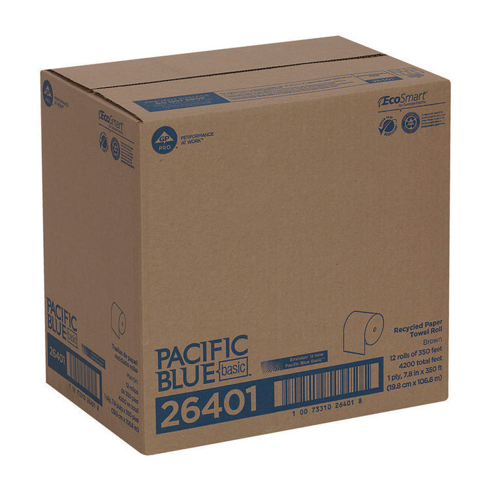 Pacific Blue Basic Recycled Paper Towel Roll, 1-Ply, 7.88 x 350 ft, Brown, 12 Rolls/Carton