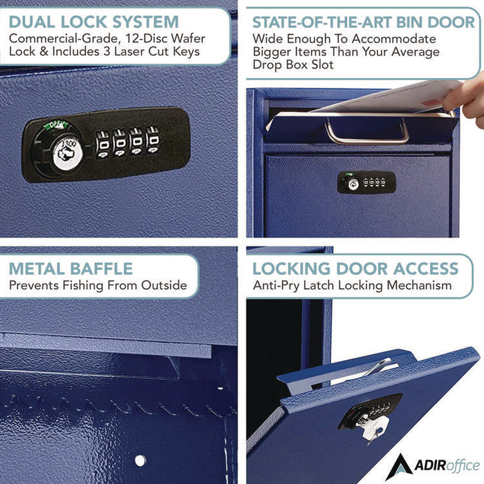 Large Secure Drop Box Wall Mounted Locking Mail Box with Key and Combination lock, 11.2 x 4.7 x 16.2, Blue