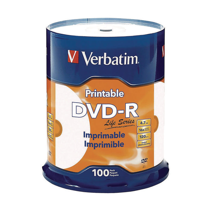 DVD-R LifeSeries Inkjet Printable Disc, 4.7 GB, 16x, Spindle, White, 100/Pack
