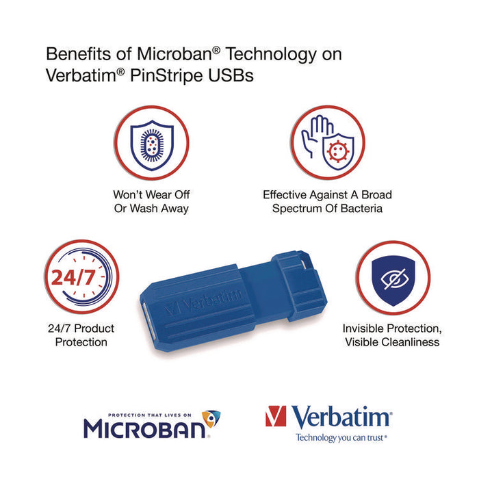 PinStripe USB 2.0 Flash Drive, 16 GB, Assorted Colors, 5/Pack