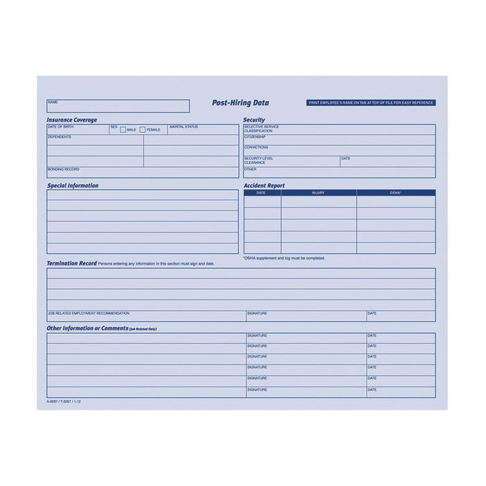 Employee Personnel File Jacket, Unpunched, Straight Tab, Letter Size, Blue, 20/Pack