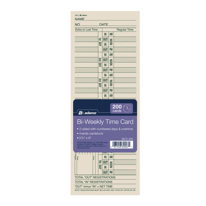 Time Cards for Acroprint, Amano and Lathem Time Clocks, Two Sides, Bi-Weekly, 3.38 x 9, 200/Pack