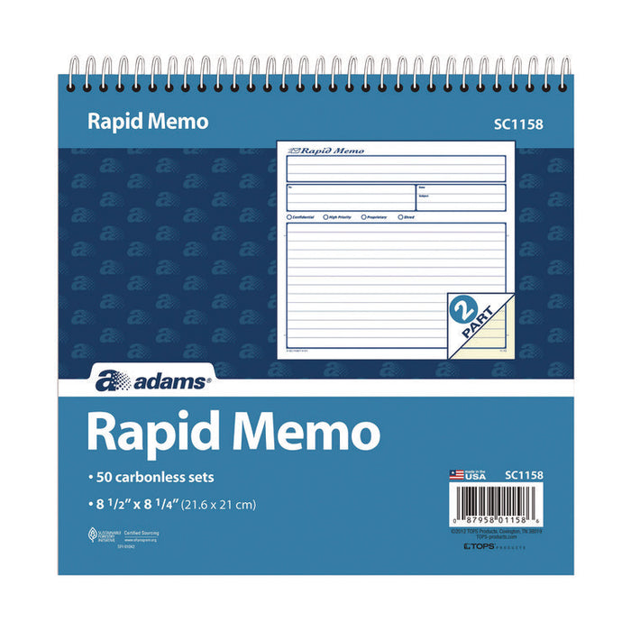 Rapid Memo Pad, Two-Part Carbonless, 8.5 x 7.75, 50 Forms Total