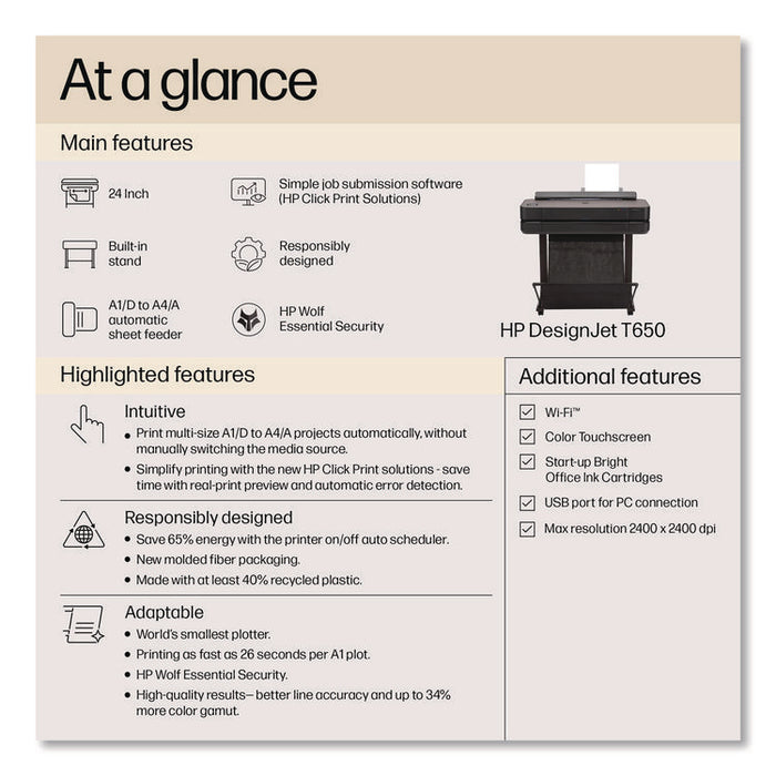 DesignJet T650 24" Printer with Two-Year Warranty