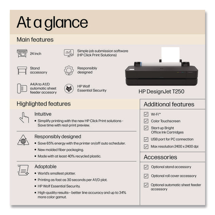 DesignJet T250 24" Large-Format Compact Wireless Plotter Printer