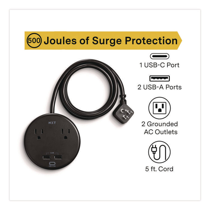 2-Outlet Plus USB Surge Protector, 2 AC Outlets/3 USB Ports, 5 ft Cord, 500 J, Black