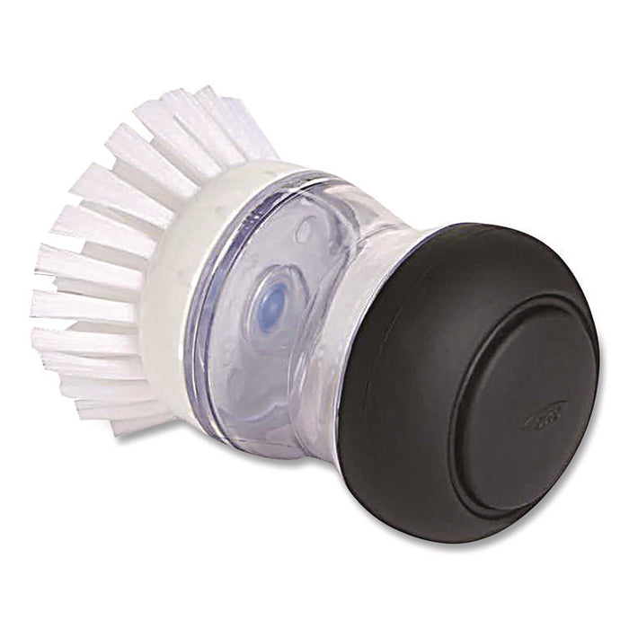 Good Grips Soap Dispensing Palm Brush, White Nylon Bristles, 4" Brush, Clear/Black Handle