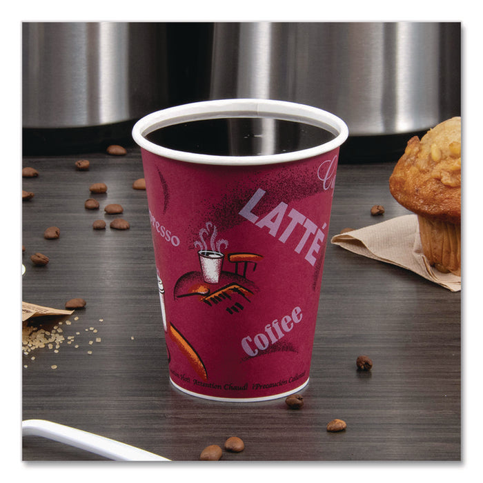 Paper Hot Drink Cups in Bistro Design, 12 oz, Maroon, 300/Carton