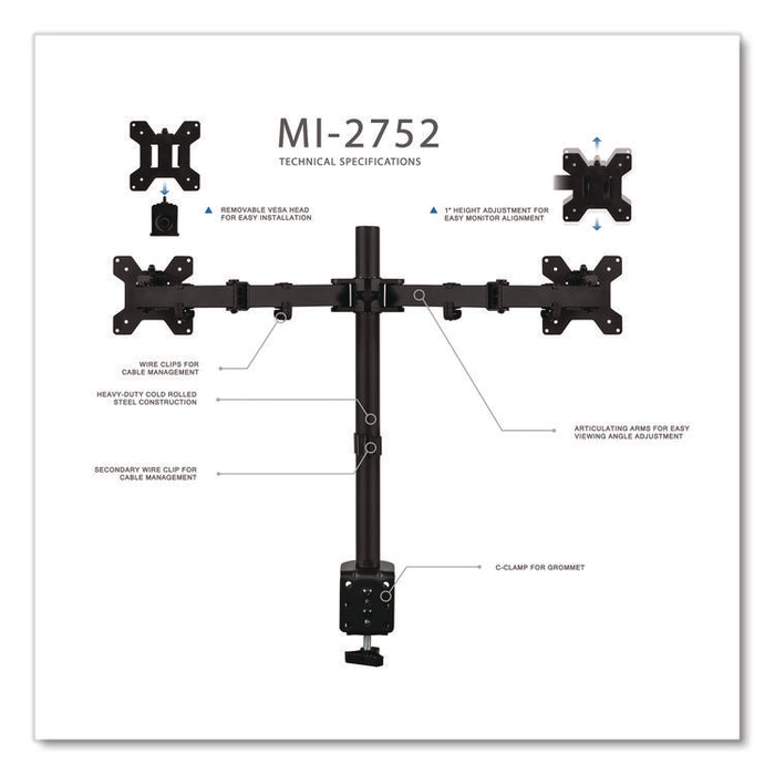 Full Motion Dual Monitor Desktop Mount, For 17" to 27" Monitors, 360 Degree Rotation, +/-90 Degree Tilt, Black, Supports 22lb