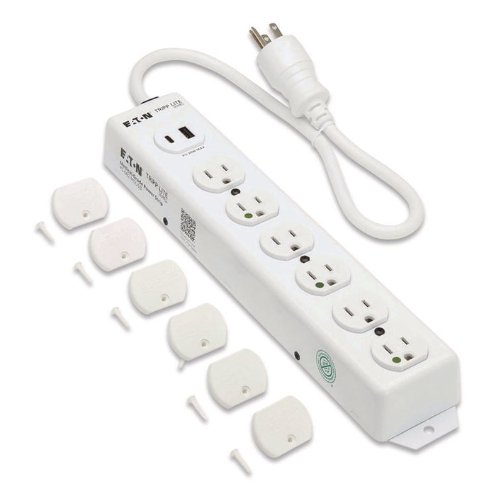 Safe-IT Medical-Grade Power Strip with Antimicrobial Protection, 6 Hospital-Grade Outlets, USB Charging, 2 ft Cord, White