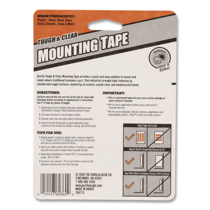 Tough and Clear Double-Sided Mounting Tape, Permanent, Holds Up to 0.25 lb/1 sq in, 1" x 12.5 ft, Clear