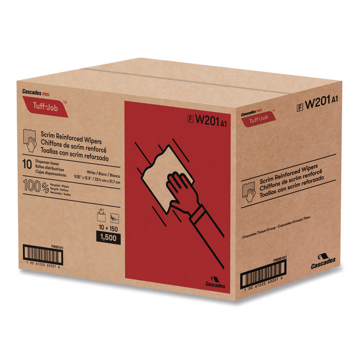 Tuff-Job Scrim Reinforced Wipers, 4-Ply, 9.25 x 12.5, White, 150/Box, 10 Boxes/Carton