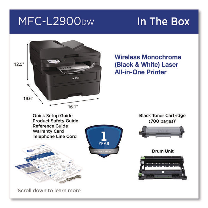 Wireless MFC-L2900DW Compact Monochrome AIO Laser Printer, Copy/Fax/Print/Scan
