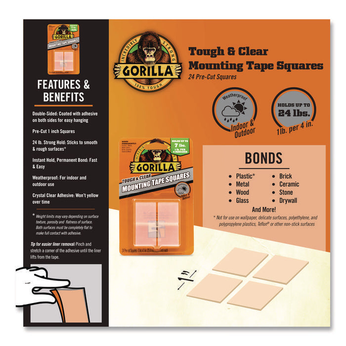 Tough and Clear Double-Sided Mounting Tape Squares, Permanent, Holds Up to 0.58 lb, 1" x 1", Clear, 24/Pack