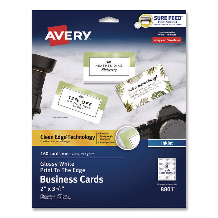 Print to the Edge Business Cards with Sure Feed Technology, 2 x 3.5, White, 8/Sheet, 20 Sheets/Pack