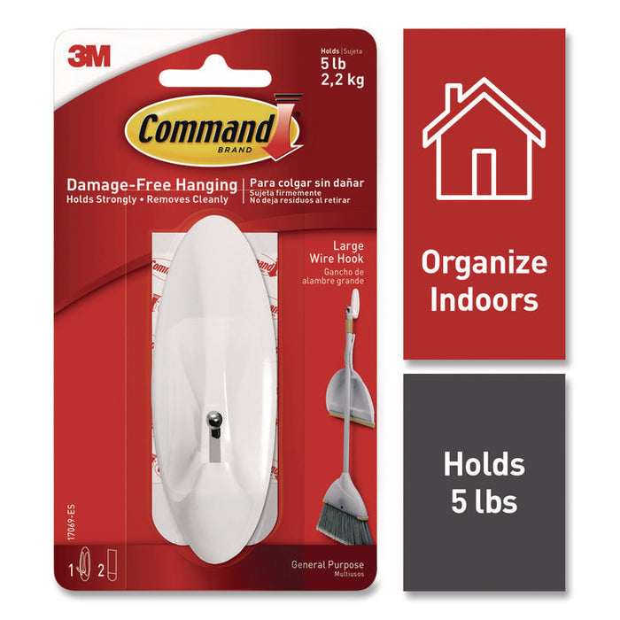 Large Wire Hook, Metal/Plastic, White, Supports 5 lbs