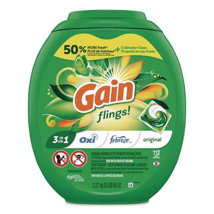 Flings Detergent Pods, Gain Original Scent, 112 Pods, 80 oz Tub
