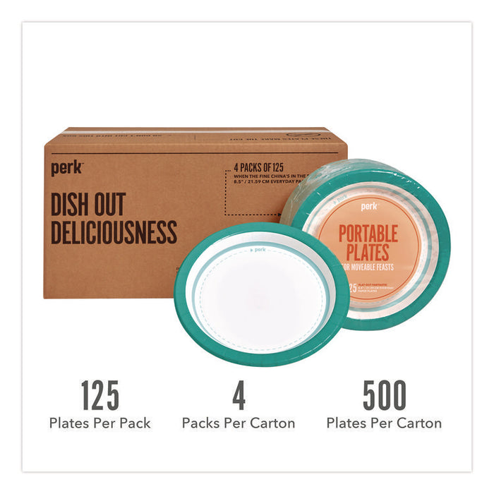 Medium-Weight Paper Plates, 8.5" dia, White/Teal, 500/Carton
