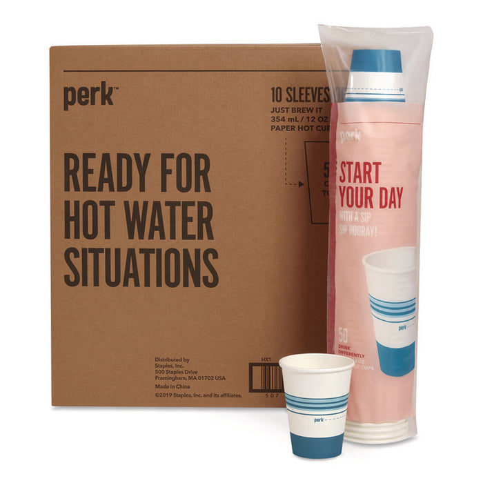 Paper Hot Cups, 12 oz, White/Blue, 500/Carton