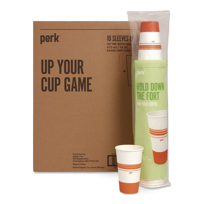 Paper Hot Cups, 16 oz, White/Orange, 500/Carton
