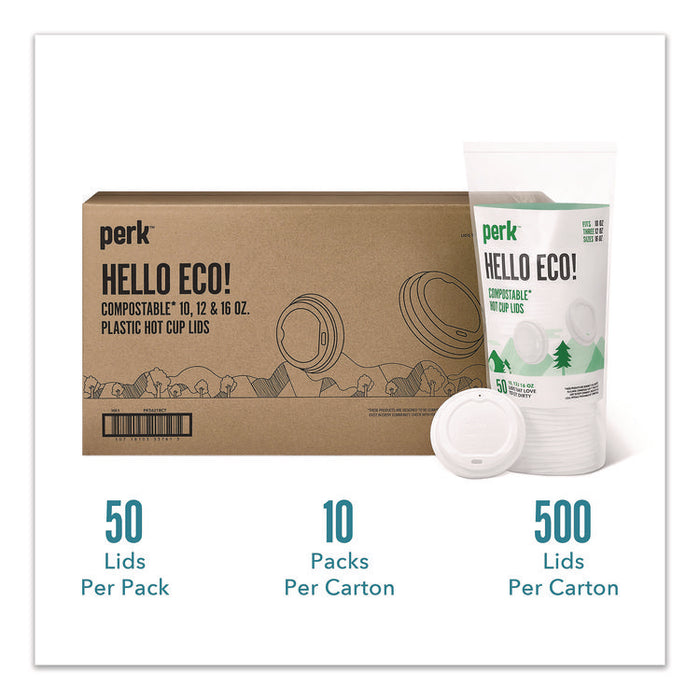 Compostable Plastic Hot Cup Lids, Fits 10 oz to 16 oz Hot Cups, Plastic, White, 500/Carton