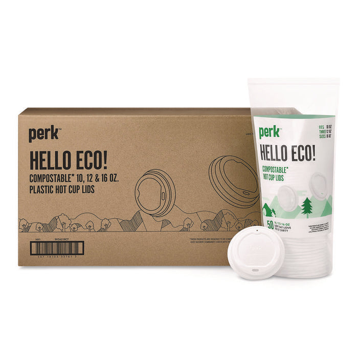 Compostable Plastic Hot Cup Lids, Fits 10 oz to 16 oz Hot Cups, Plastic, White, 500/Carton