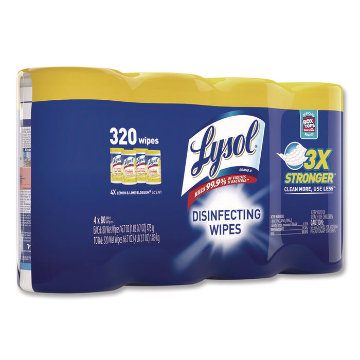 Disinfecting Wipes, 1-Ply, 7 x 7.25, Lemon and Lime Blossom, White, 80 Wipes/Canister, 4 Canisters/Pack