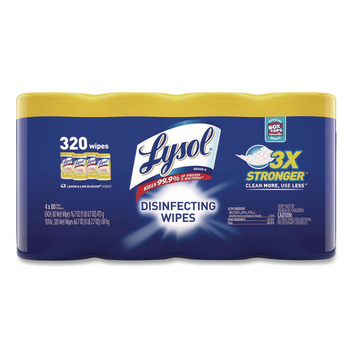 Disinfecting Wipes, 1-Ply, 7 x 7.25, Lemon and Lime Blossom, White, 80 Wipes/Canister, 4 Canisters/Pack