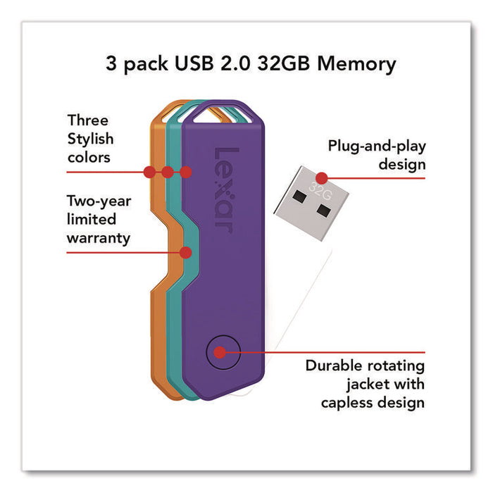 Twist Turn2 USB 2.0 Flash Drive, 32 GB, Orange/Purple/Teal, 3/Pack