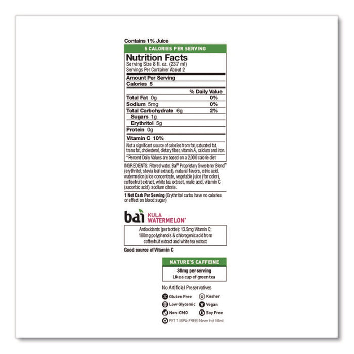 Antioxidant Infused Beverage, Kula Watermelon 18 oz Bottle, 12/Carton