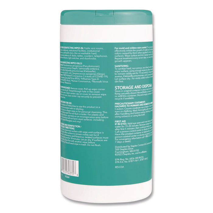 Disinfecting Wipes, 7 x 8, Fresh, White, 75 Wipes/Canister, 6/Carton