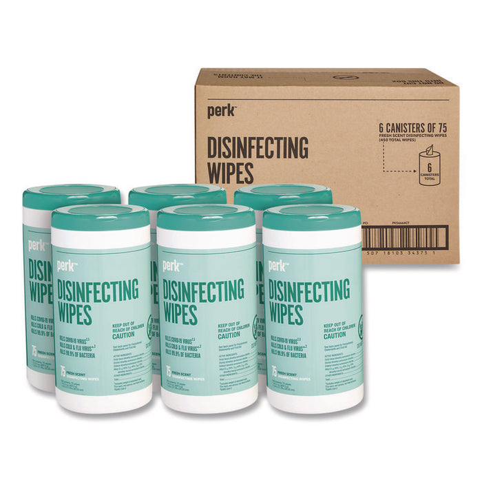 Disinfecting Wipes, 7 x 8, Fresh, White, 75 Wipes/Canister, 6/Carton