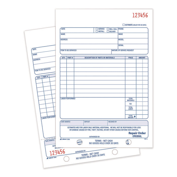 Multipart Repair Order Pad, Two-Part Carbonless, 5.56 x 7.94, 50 Forms Total